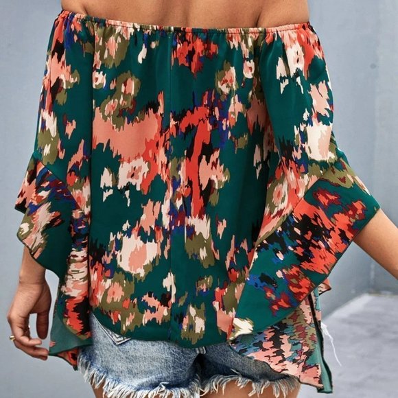 Dark Green Boho Womens Allover Print Off Shoulder Blouse - Picture 2 of 5